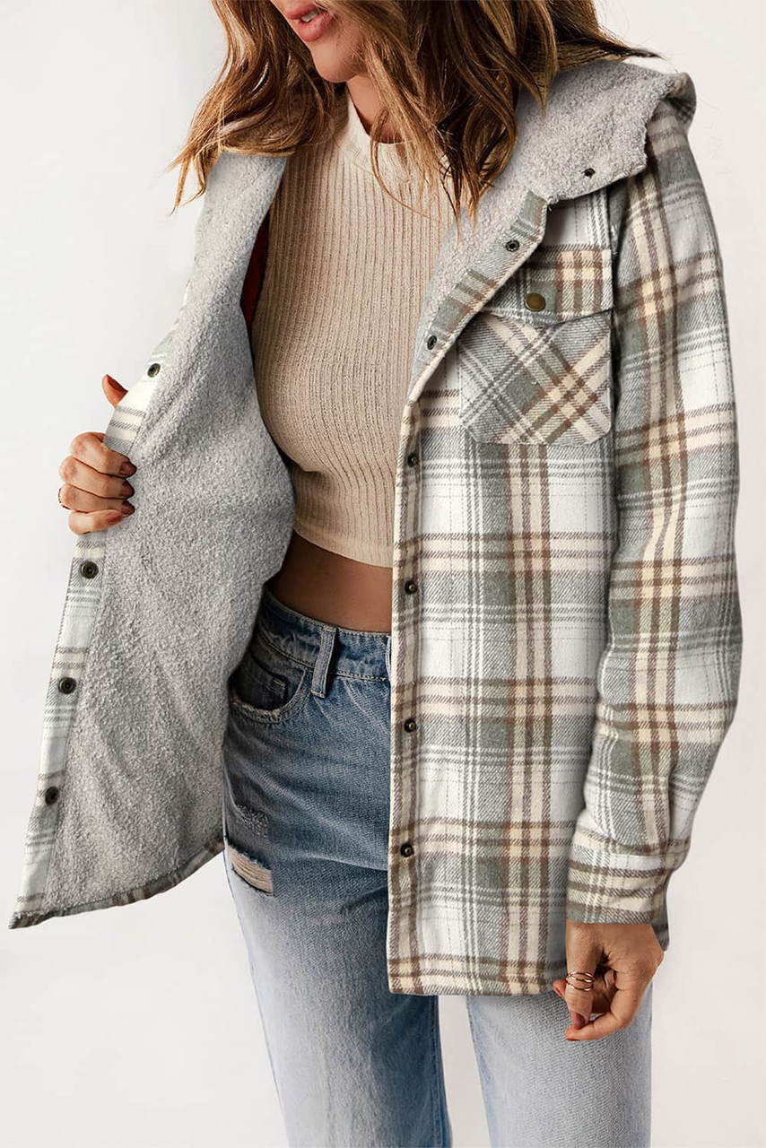 Gray Plaid Pattern Sherpa Lined Hooded Shacket Gray Plaid Pattern Sherpa Lined Hooded Shacket