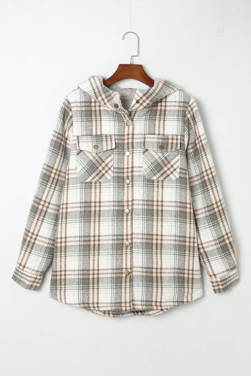 Gray Plaid Pattern Sherpa Lined Hooded Shacket Gray Plaid Pattern Sherpa Lined Hooded Shacket