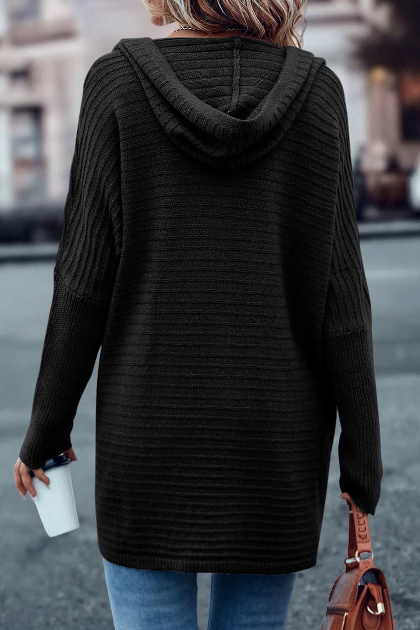 Black Horizontal Rib Knitted Open Front Hooded Cardigan Black Horizontal Rib Knitted Open Front Hooded Cardigan