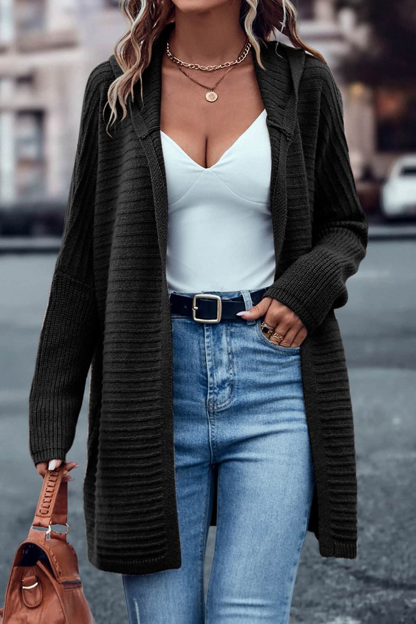 Black Horizontal Rib Knitted Open Front Hooded Cardigan Black Horizontal Rib Knitted Open Front Hooded Cardigan
