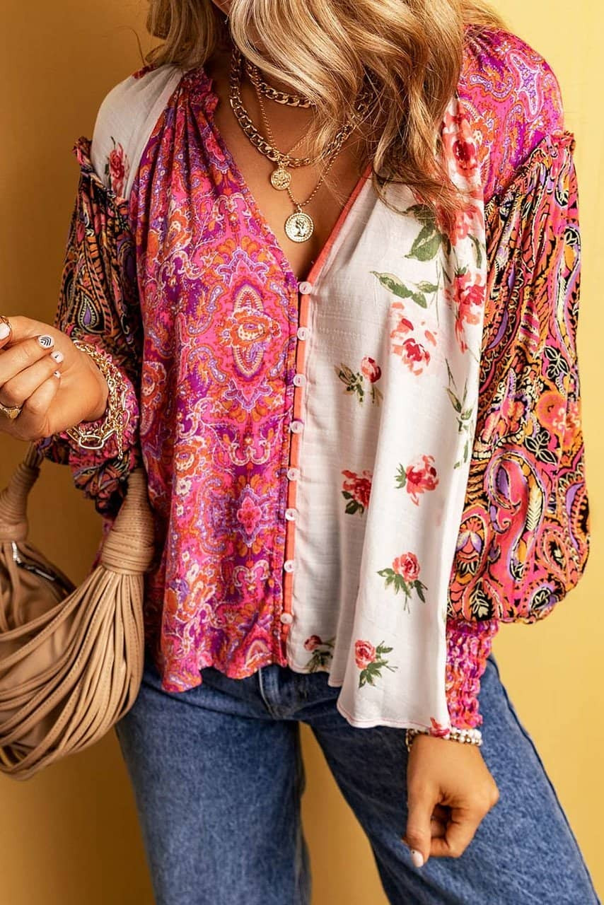 Multicolor Floral Patchwork Shirred Cuff Buttoned V Neck Blouse Multicolor Floral Patchwork Shirred Cuff Buttoned V Neck Blouse