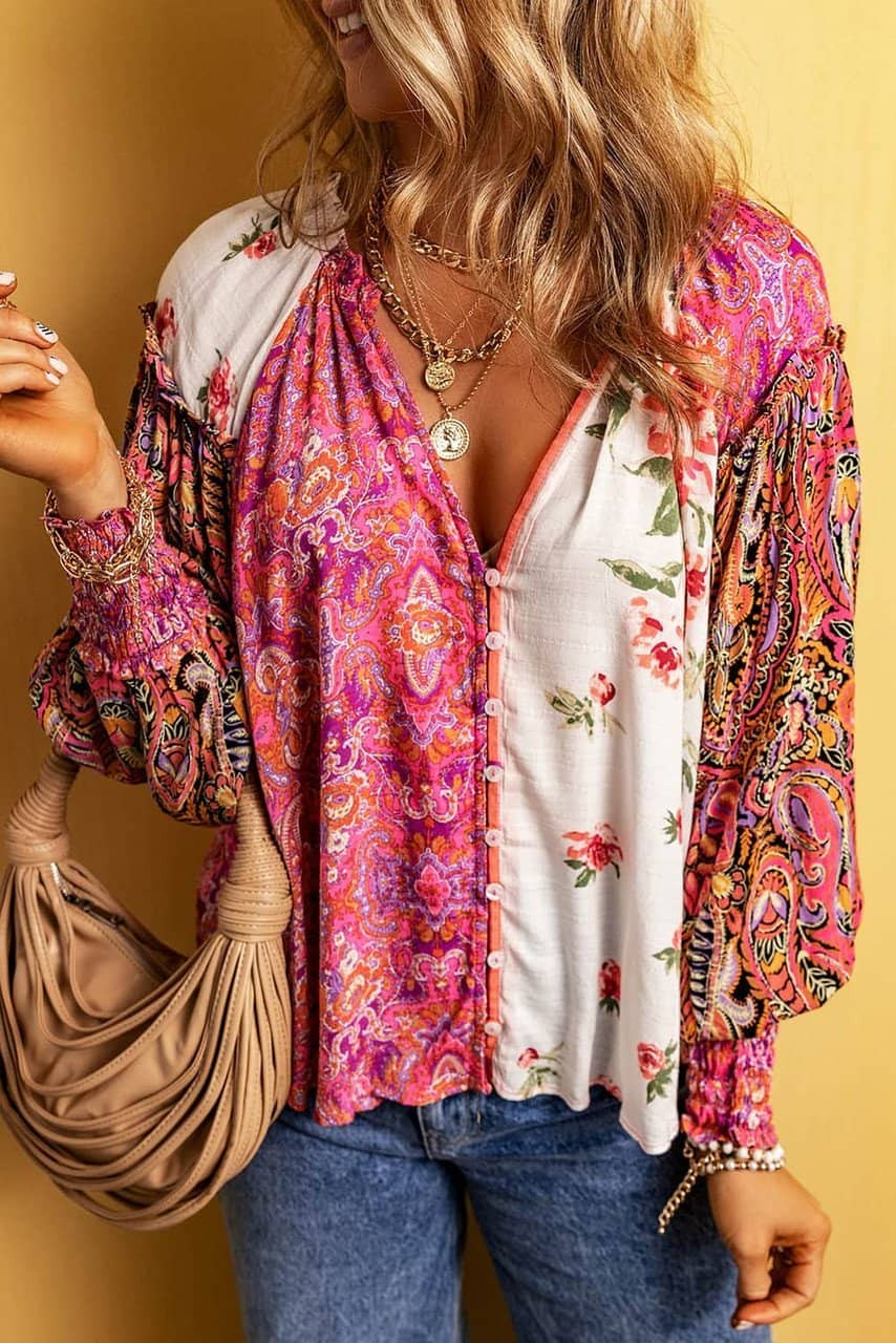 Multicolor Floral Patchwork Shirred Cuff Buttoned V Neck Blouse Multicolor Floral Patchwork Shirred Cuff Buttoned V Neck Blouse