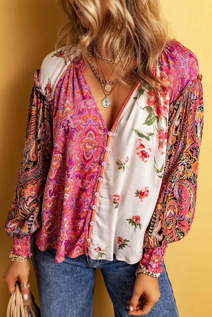 Multicolor Floral Patchwork Shirred Cuff Buttoned V Neck Blouse Multicolor Floral Patchwork Shirred Cuff Buttoned V Neck Blouse