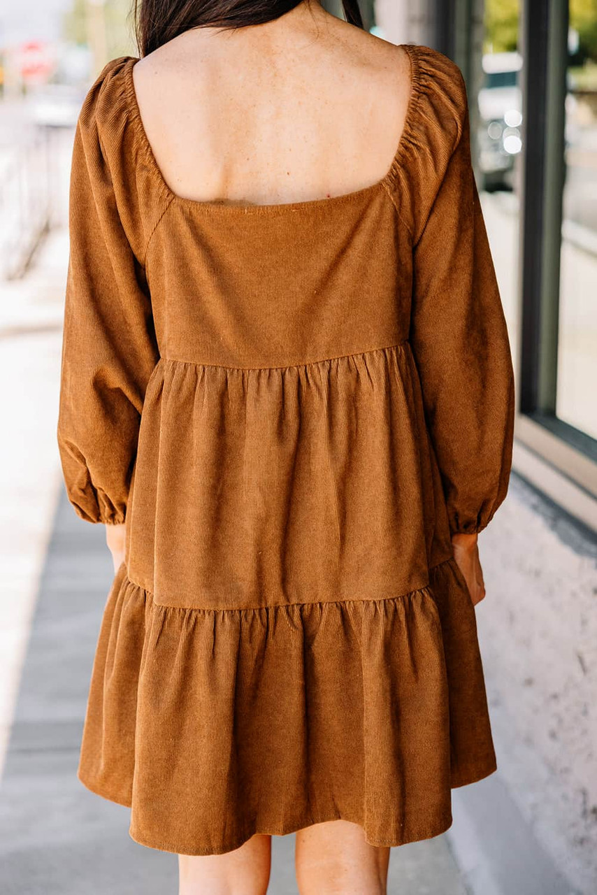 Chestnut Square Neck Puff Sleeve Tiered Corduroy Mini Dress