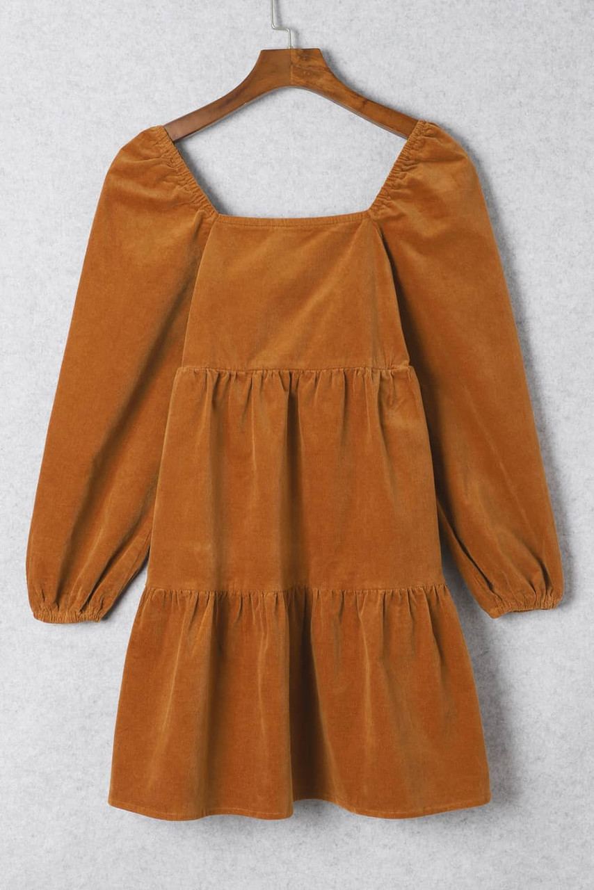 Chestnut Square Neck Puff Sleeve Tiered Corduroy Mini Dress