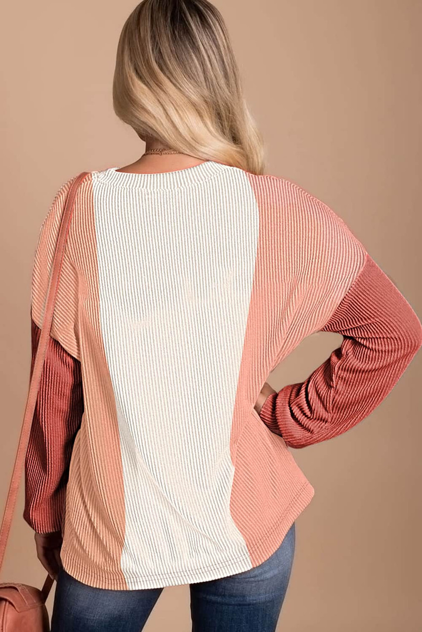 Apricot Pink Color Block Corded Long Sleeve Top