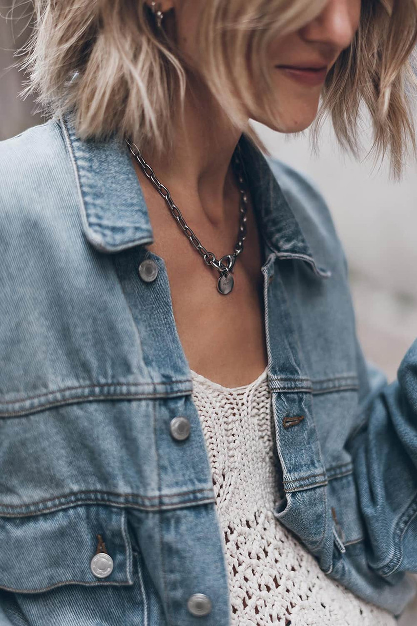 Sky Blue Metal Buttons Flap Pocket Drop Shoulder Denim Jacket