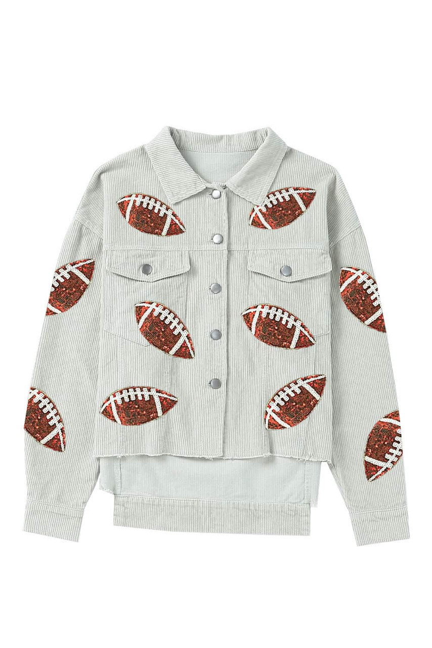 Sky Blue Sequined Football Patch Ribbed Cotton Jacket