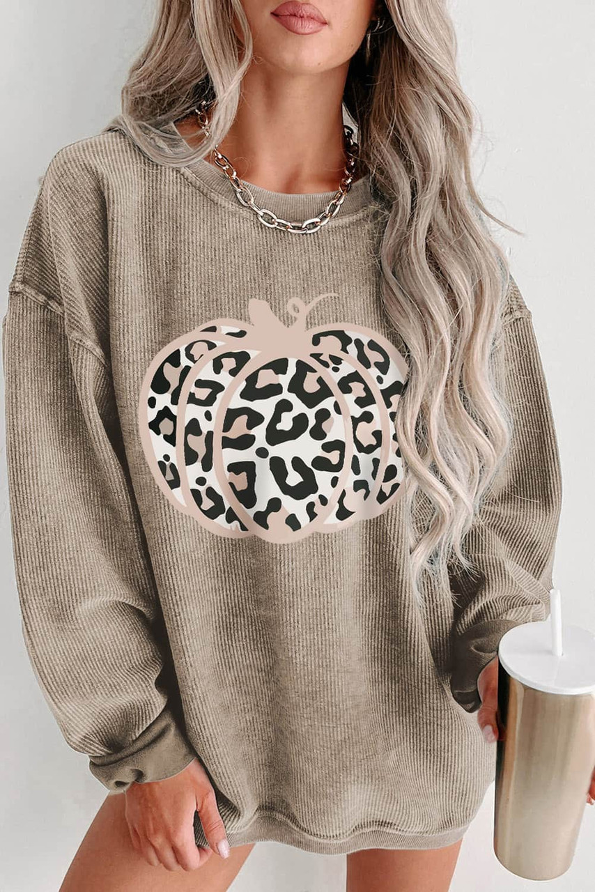 Khaki Leopard Halloween Pumpkin Graphic Corded Sweatshirt