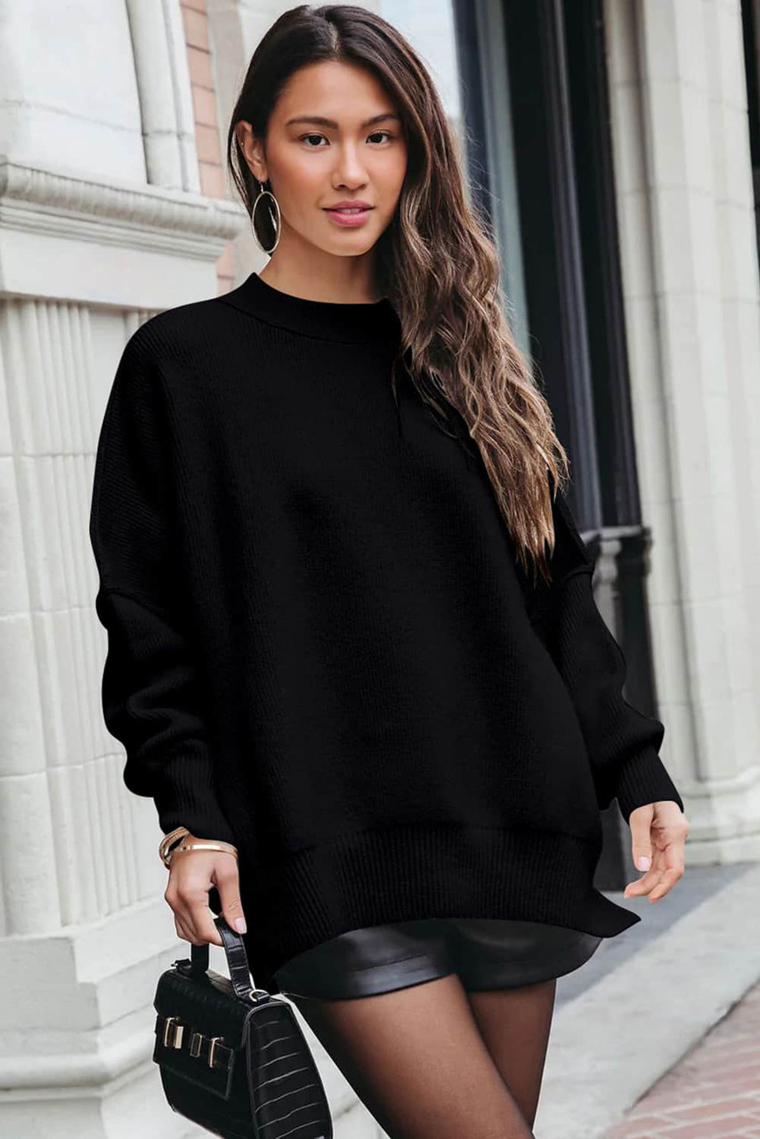 Black Oversized Drop Shoulder Bubble Sleeve Pullover Sweater