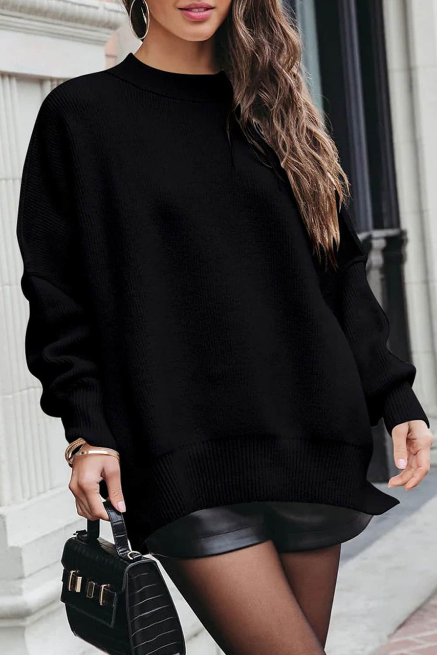 Black Oversized Drop Shoulder Bubble Sleeve Pullover Sweater