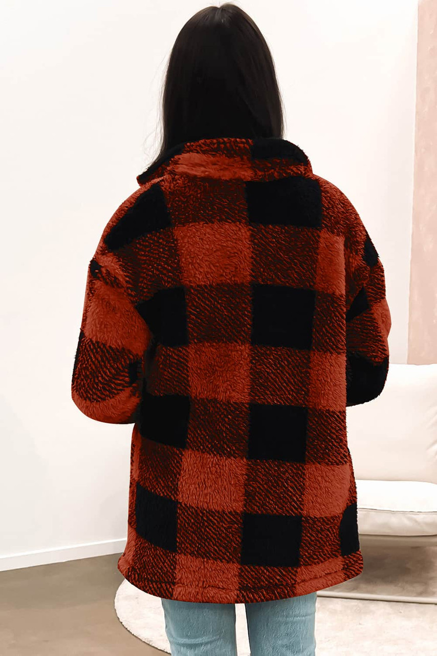 Brown Fuzzy Plaid Flap Button Up Midi Coat