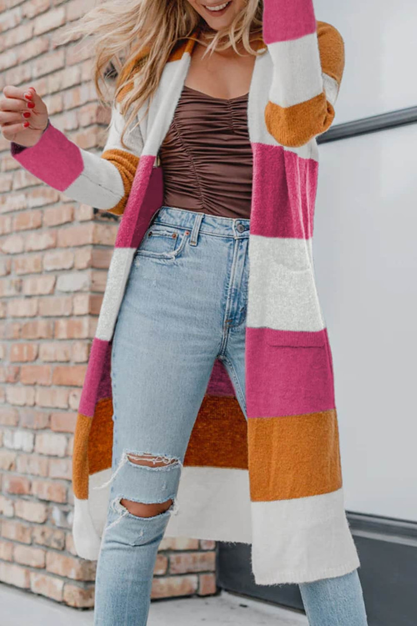 Rose Red Colorblock Open Front Long Knit Cardigan