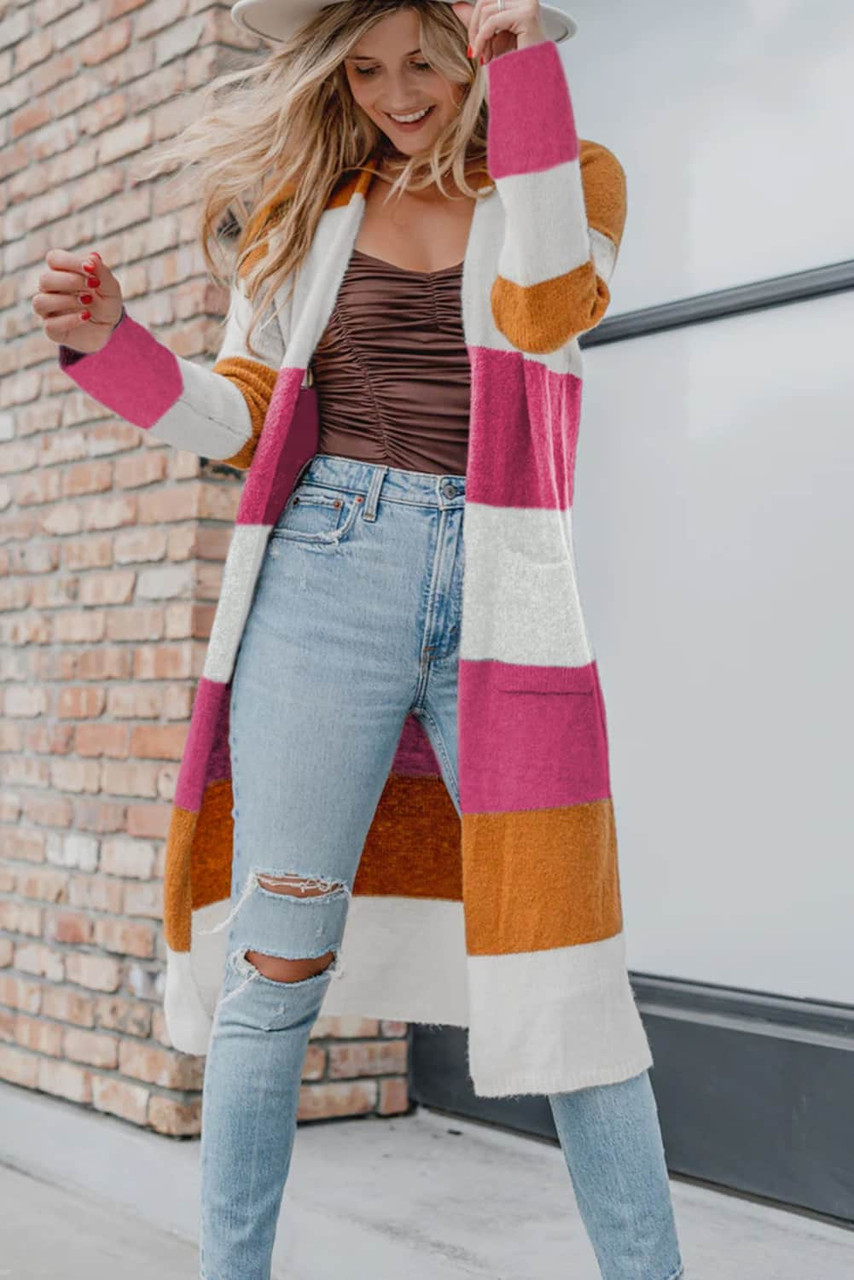 Rose Red Colorblock Open Front Long Knit Cardigan