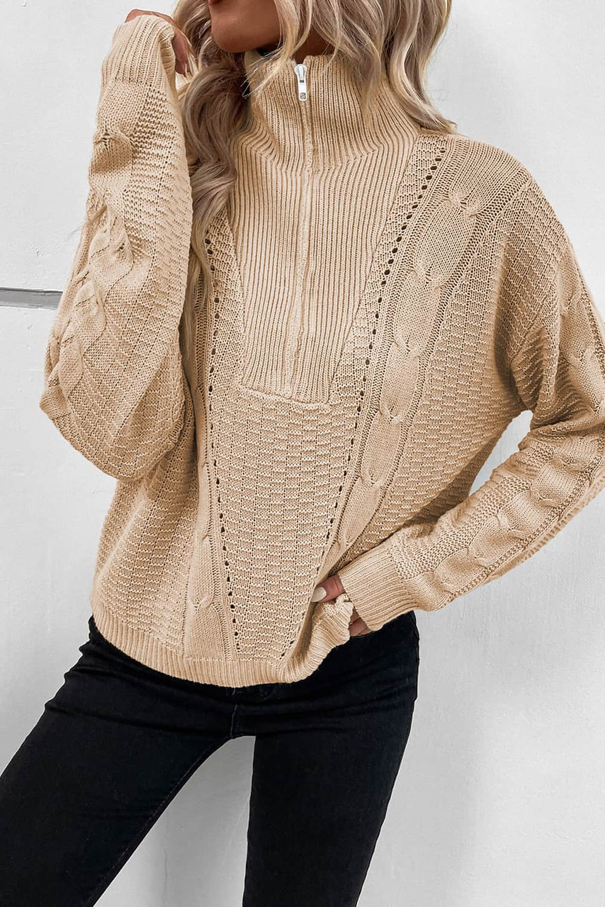 Apricot Zipped Stand Collar Cable Knit Sweater Apricot Zipped Stand Collar Cable Knit Sweater