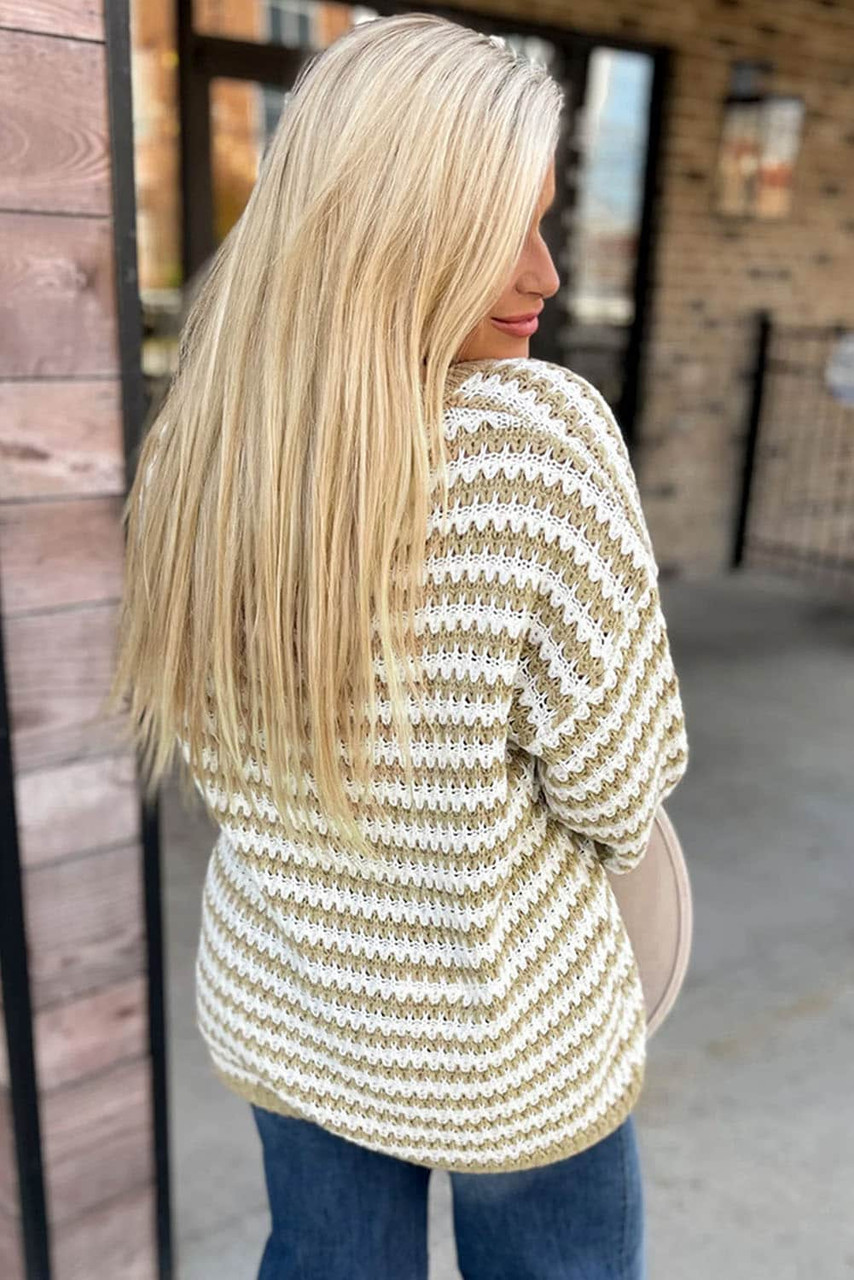 Khaki Chic Striped Knit V Neck Drop Shoulder Sweater