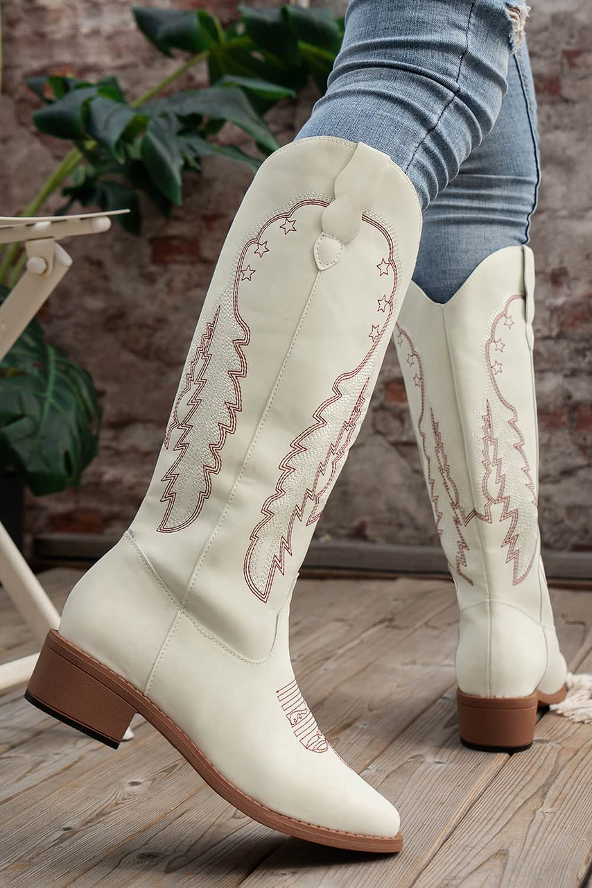 Bright White Leather Embroidered Western Cowgirl Boots