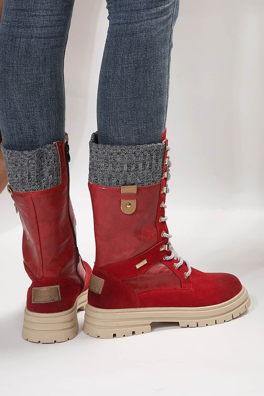 Red Knit Patchwork Lace Up Leather Boots