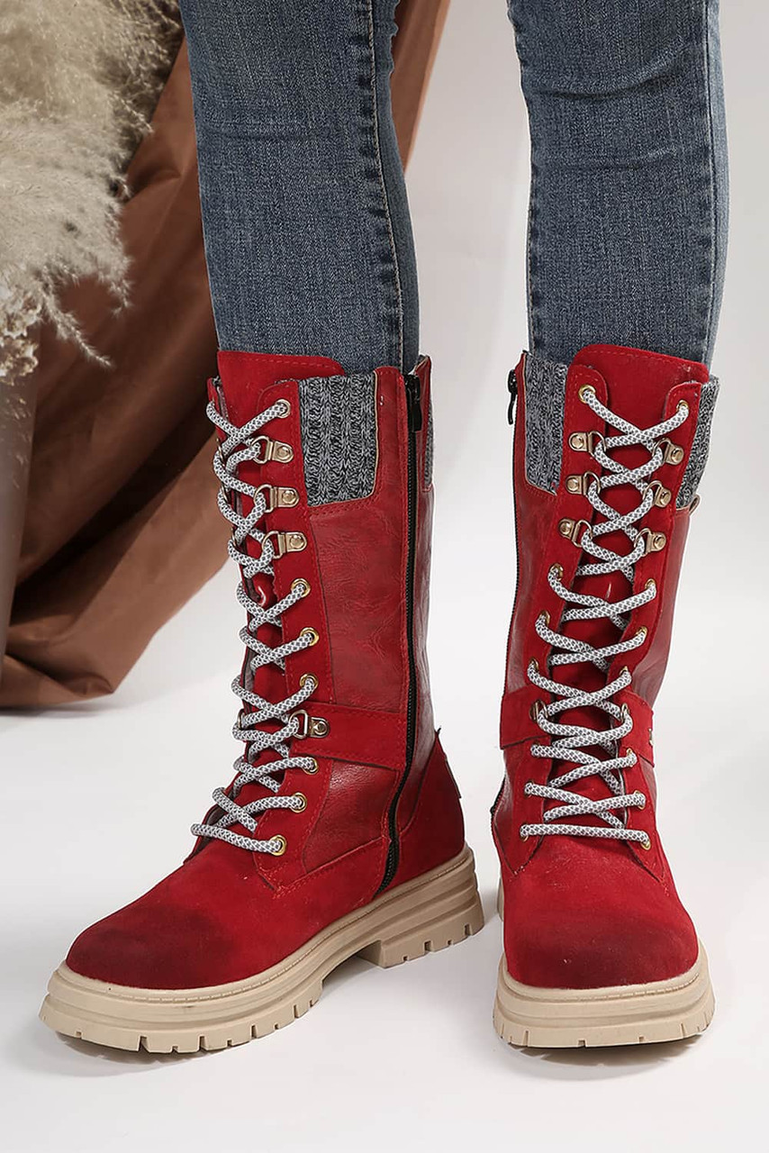 Red Knit Patchwork Lace Up Leather Boots
