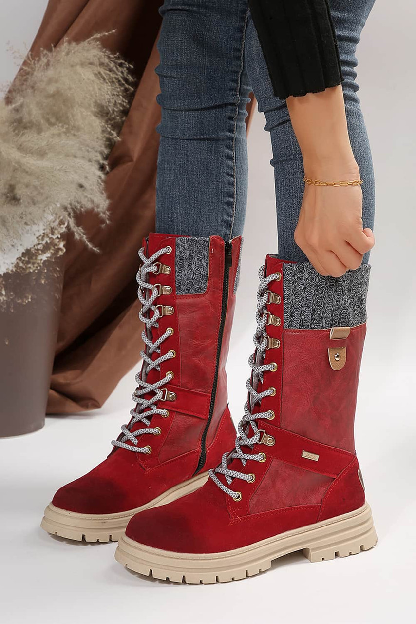 Red Knit Patchwork Lace Up Leather Boots