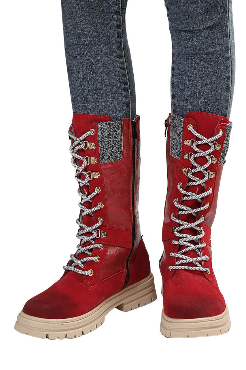 Red Knit Patchwork Lace Up Leather Boots