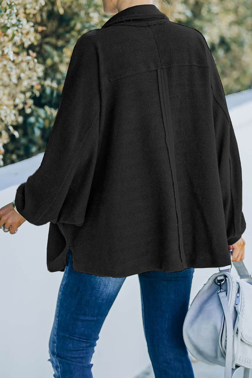 Black Plus Size Long Sleeve Flap Pocket Henley Top