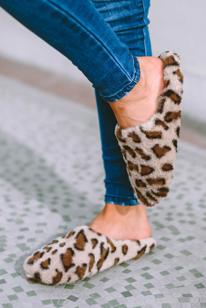 Camel Leopard Print Fuzzy Home Slippers