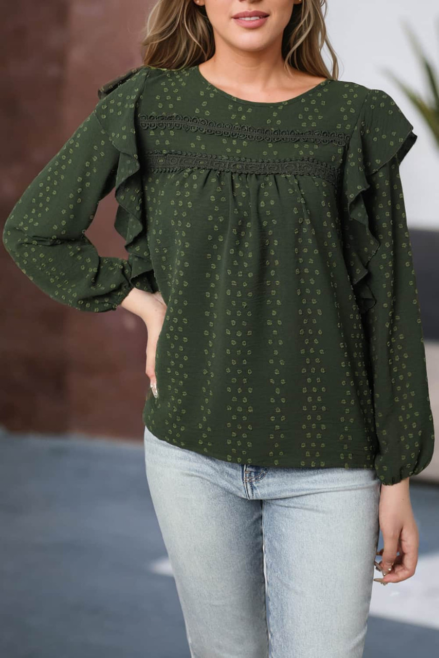 Blackish Green Lace Eyelet Ruffle Shoulder Long Sleeve Blouse