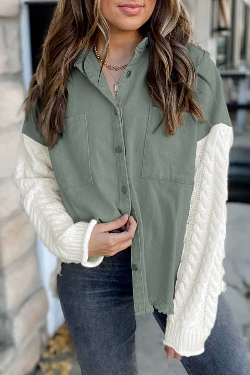 Green Cable Knit Sleeve Raw Hem Shacket Green Cable Knit Sleeve Raw Hem Shacket