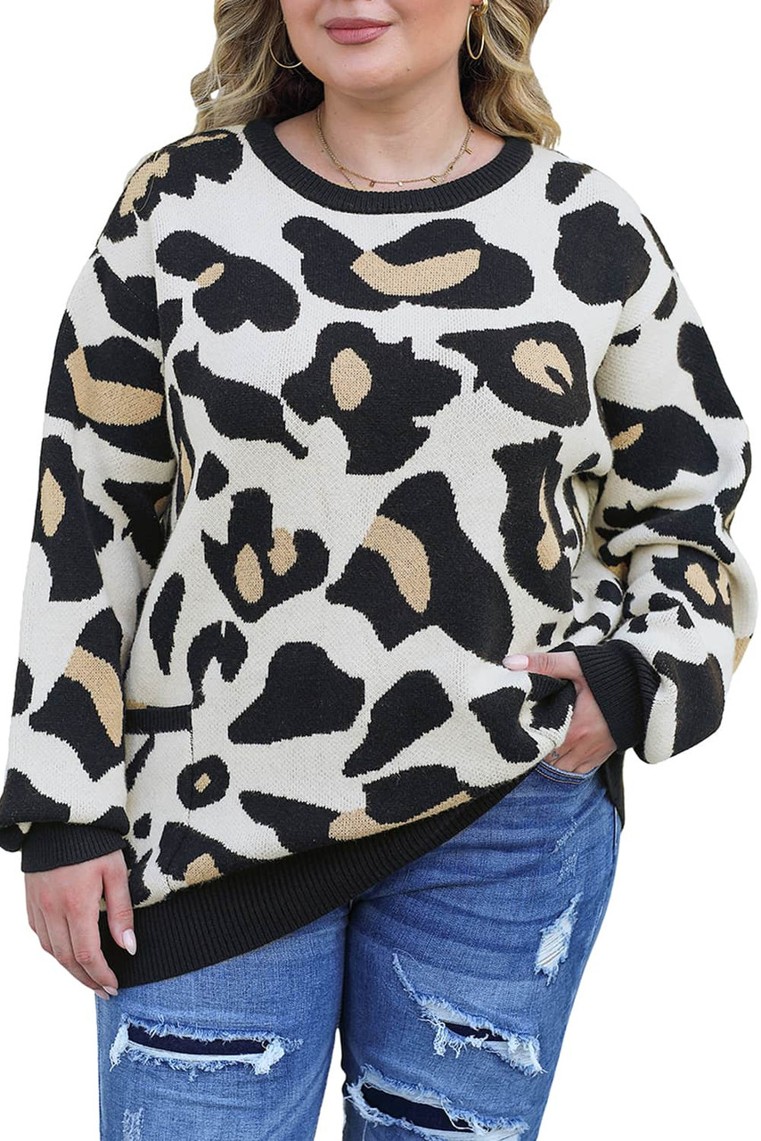 Leopard Ribbed Trim Pocketed Plus Size Sweater