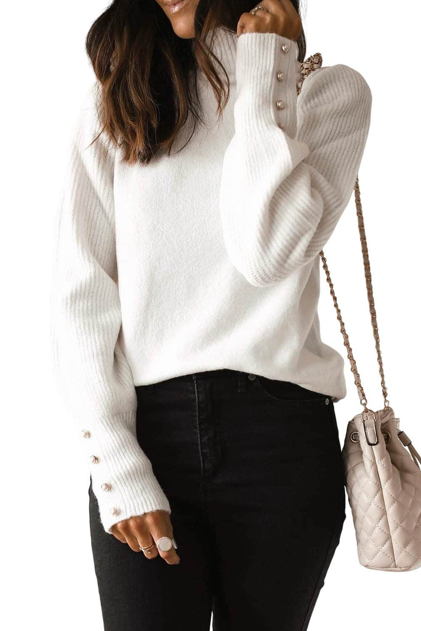 White Button Ribbed Puff Sleeve High Neck Sweater