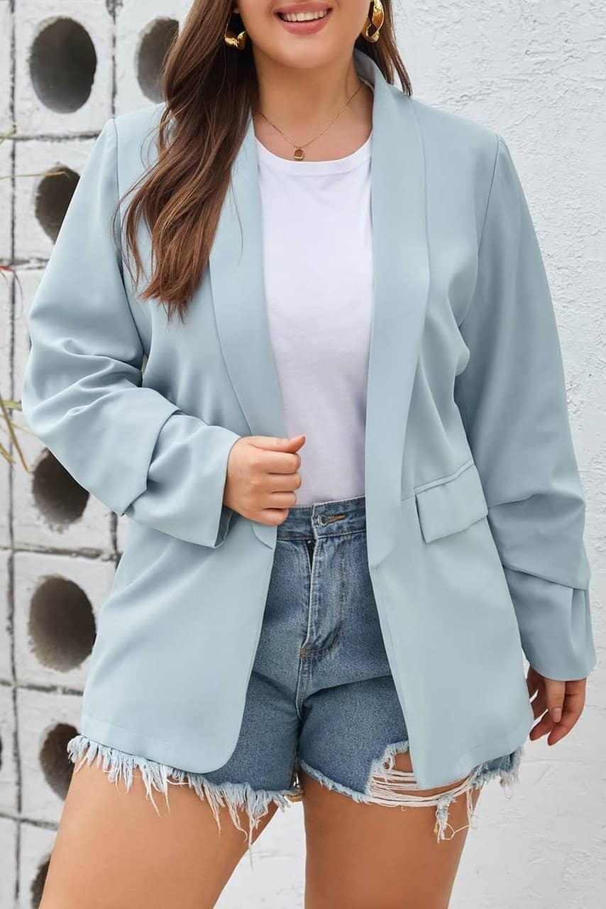 Sky Blue Plus Size Soft Lightweight Pocketed Lapel Blazer Sky Blue Plus Size Soft Lightweight Pocketed Lapel Blazer