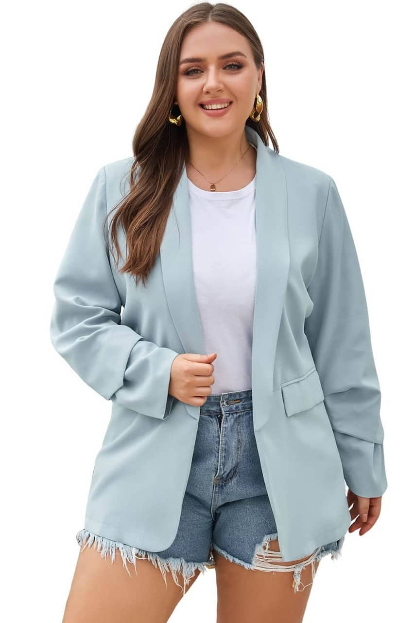 Sky Blue Plus Size Soft Lightweight Pocketed Lapel Blazer Sky Blue Plus Size Soft Lightweight Pocketed Lapel Blazer