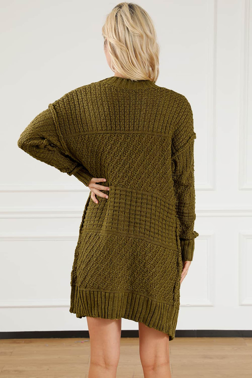 Green Exposed Seam Mixed Knit Drop Shoulder Cardigan