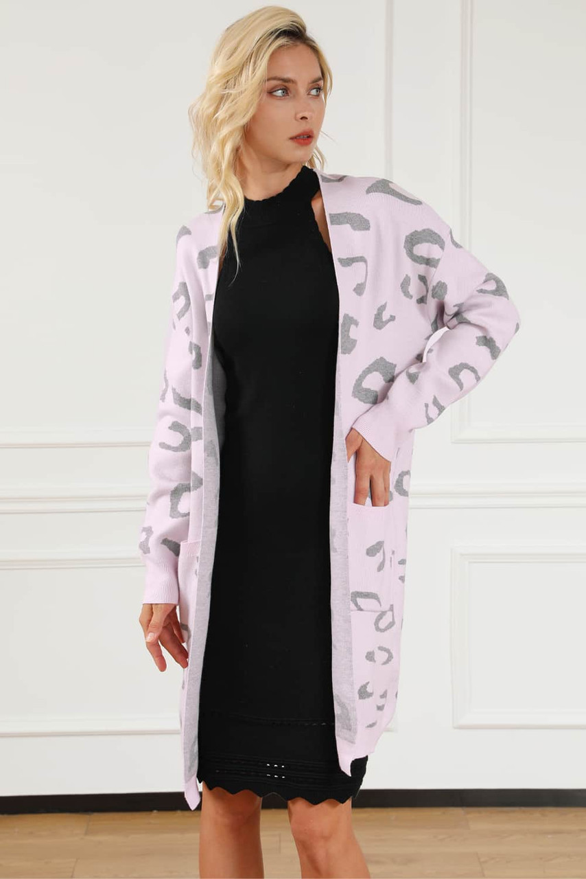 Pink Leopard Pocketed Open Front Long Cardigan