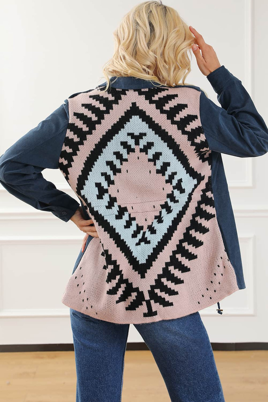 Blue Corduroy Cinched Aztec Back Jacket