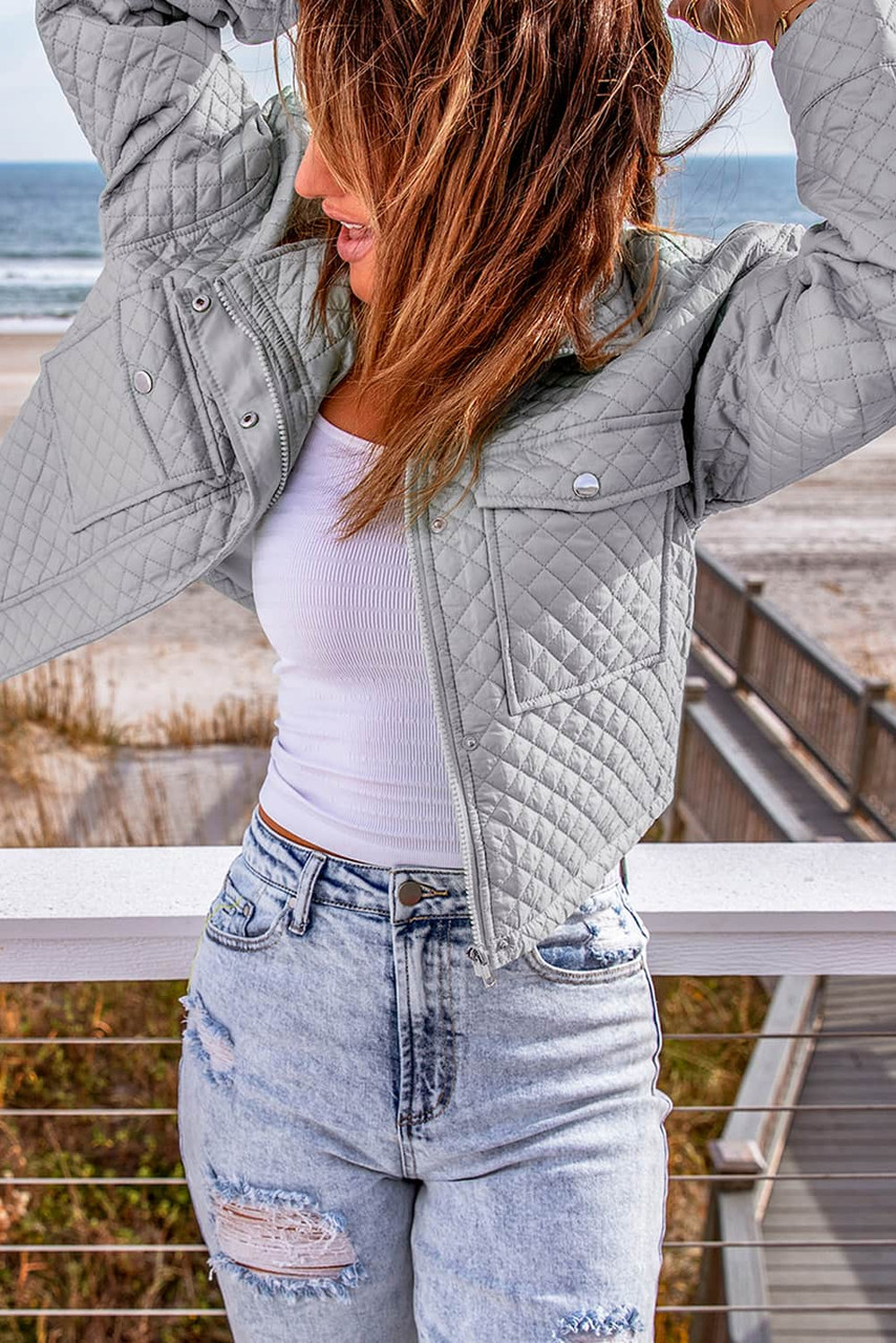Gray Quilted Pocketed Zip-up Cropped Jacket