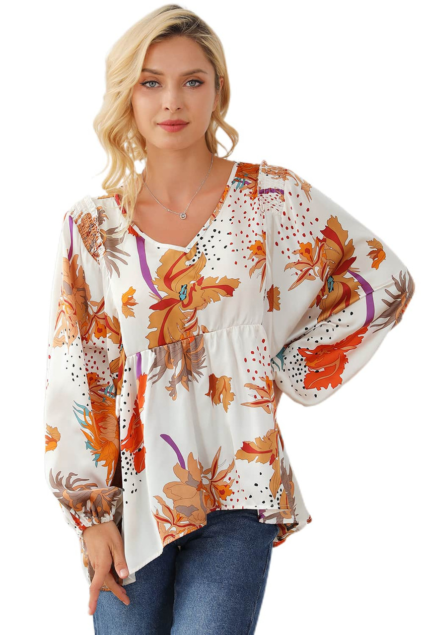 Multicolour Floral Print V Neck Babydoll Blouse