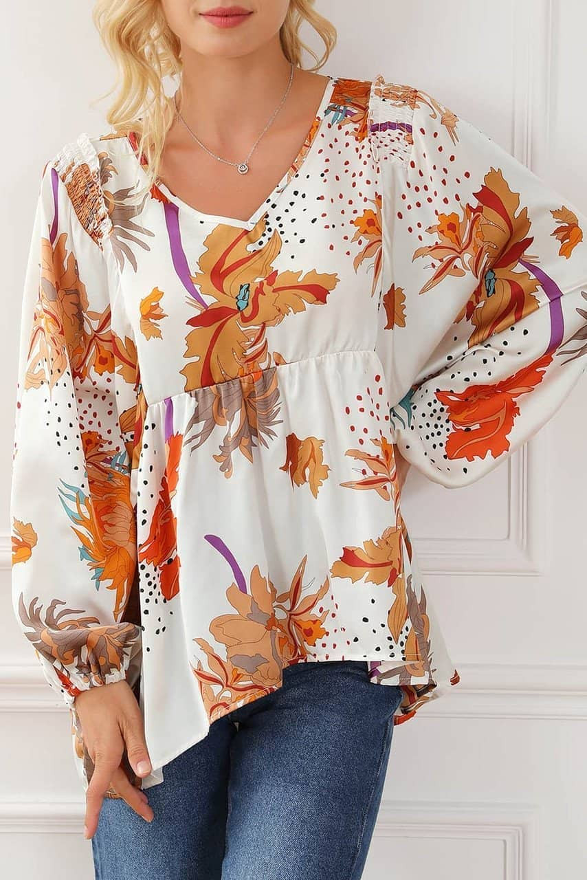 Multicolour Floral Print V Neck Babydoll Blouse Multicolour Floral Print V Neck Babydoll Blouse