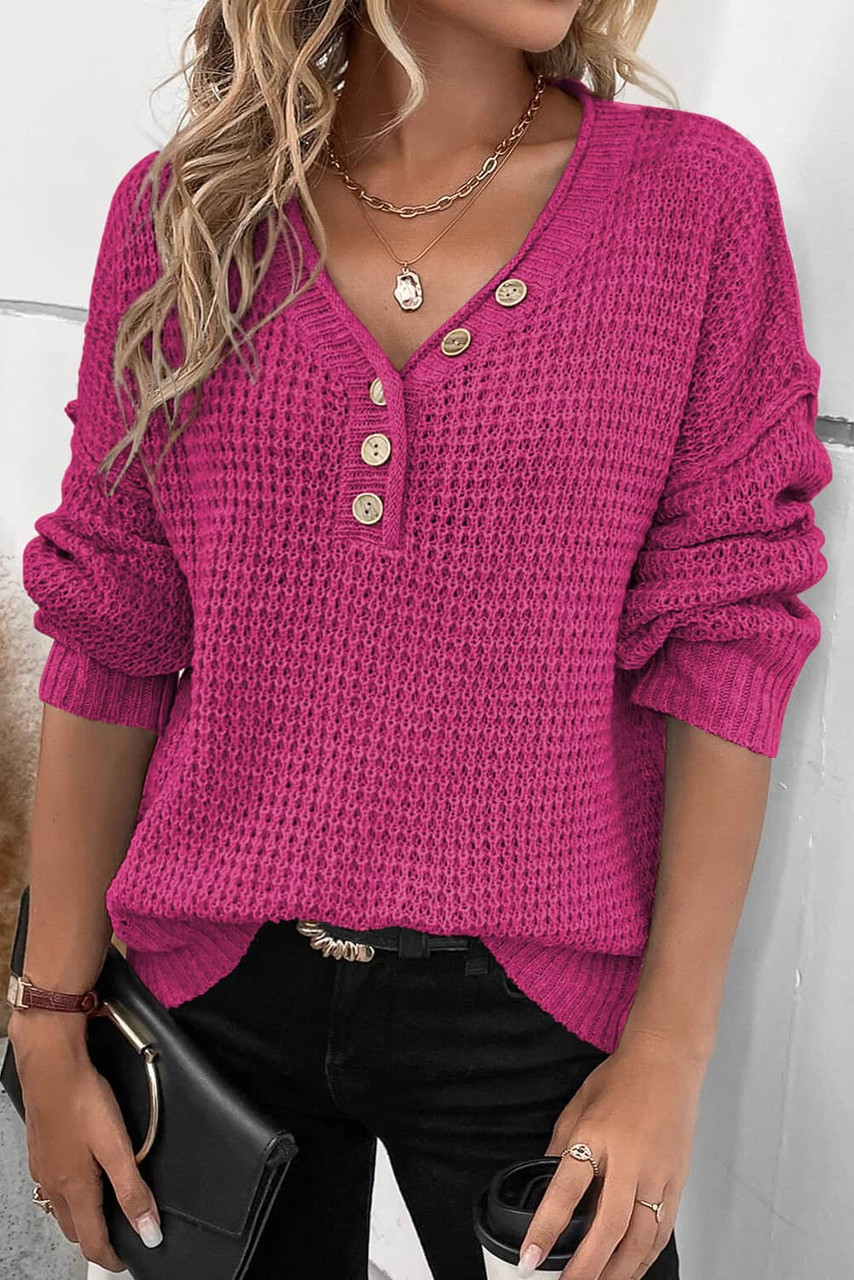 Rose Red Pointelle Knit Button V Neck Drop Shoulder Sweater