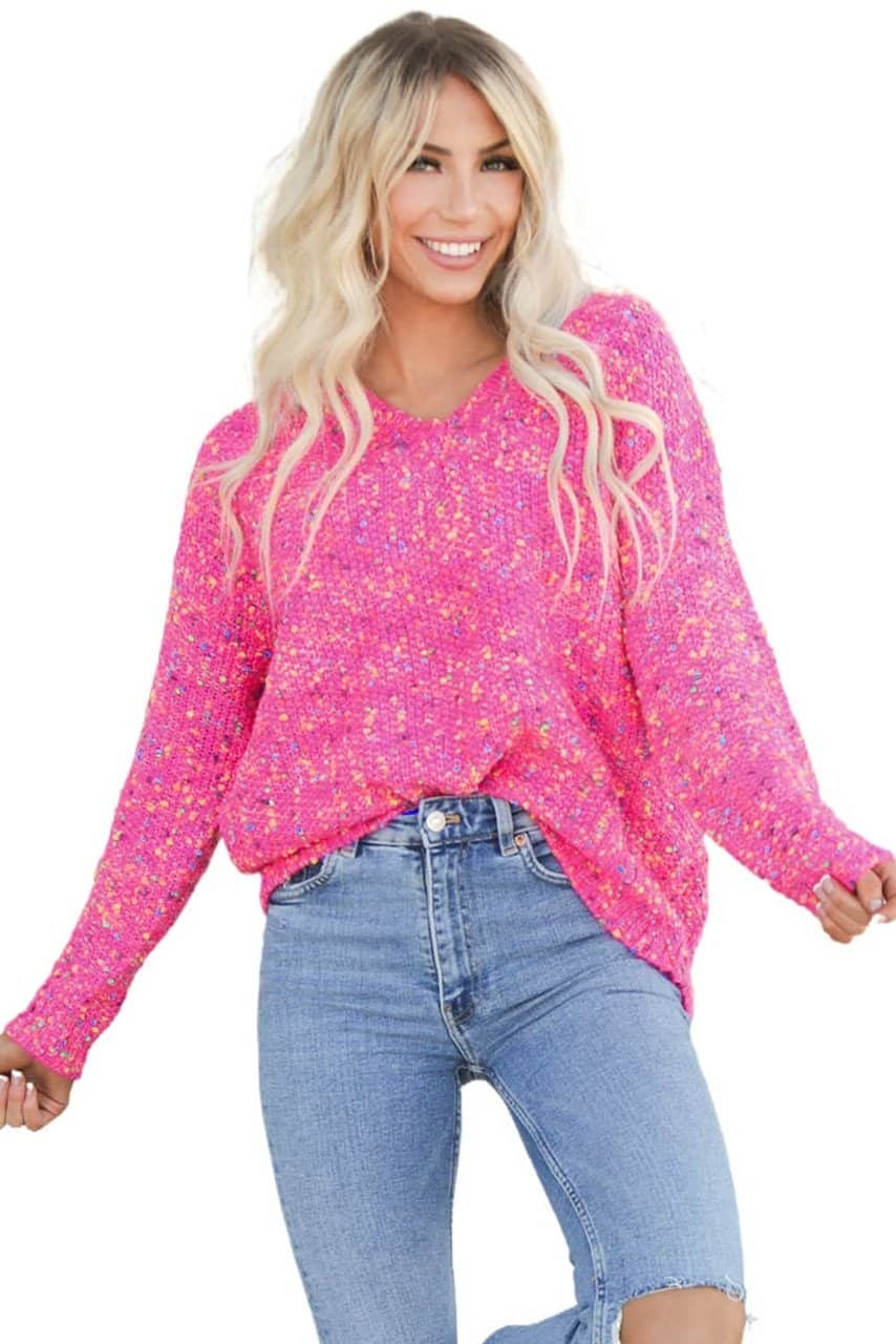 Dark Pink Colorful Spots Knitted V Neck Casual Sweater Dark Pink Colorful Spots Knitted V Neck Casual Sweater