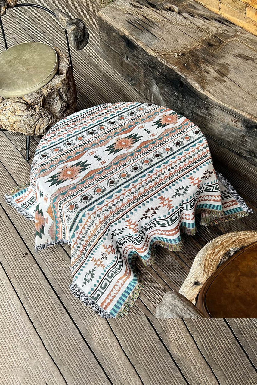 Bright White Western Pattern Tasseled Large Blanket 160*130cm