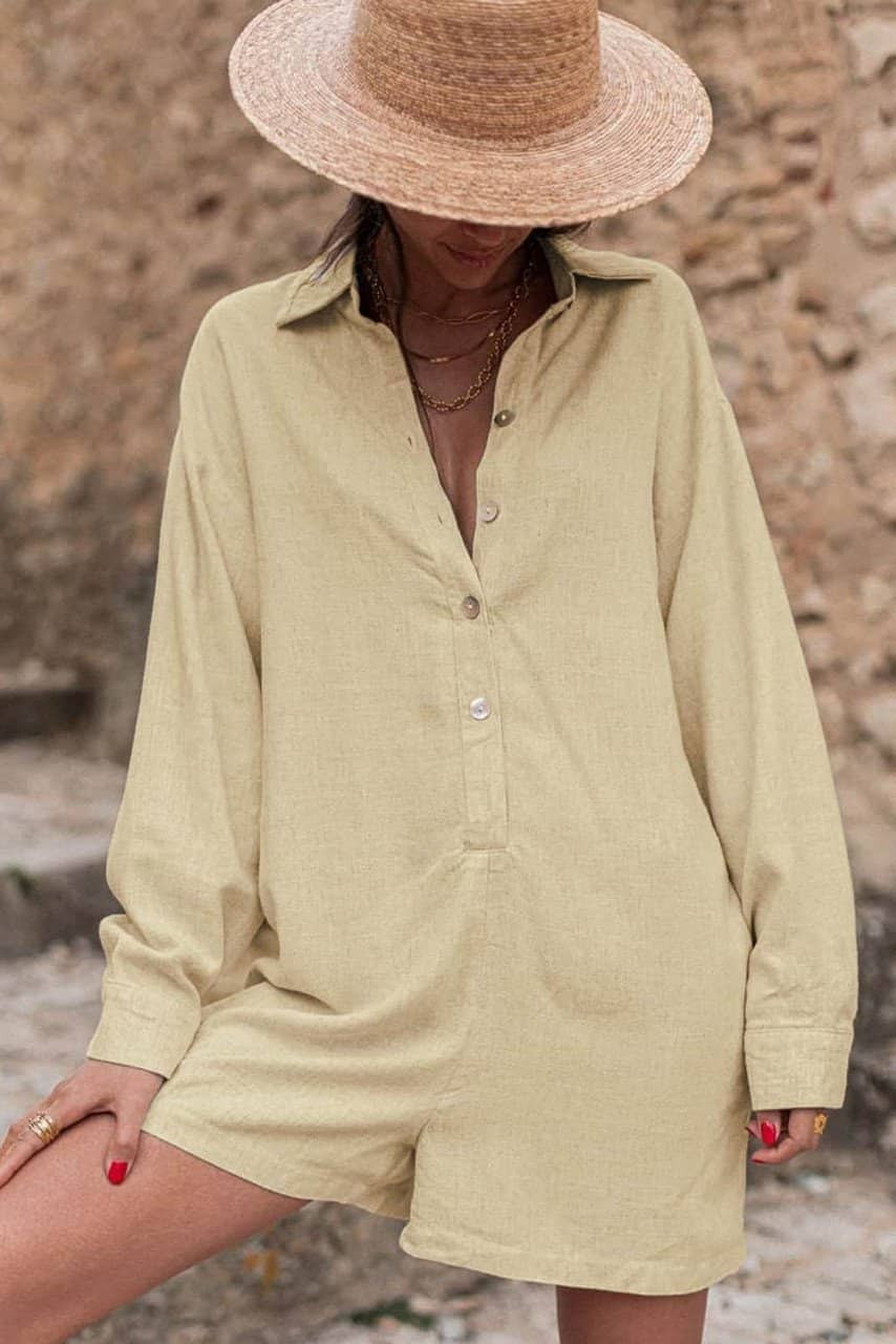 Half Button Shirt Collar Long Sleeve Loose Romper Half Button Shirt Collar Long Sleeve Loose Romper