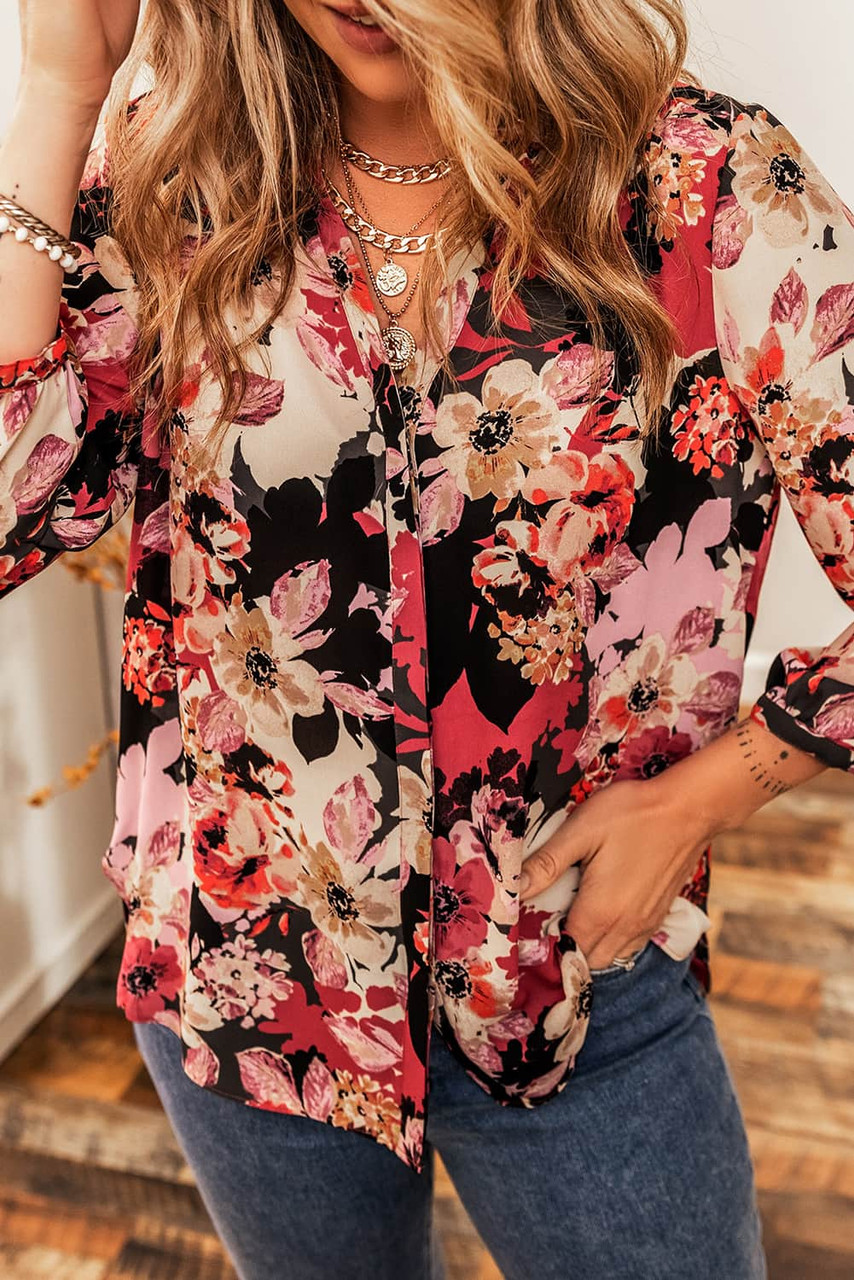 Red Floral Print Button Up Casual Shirt