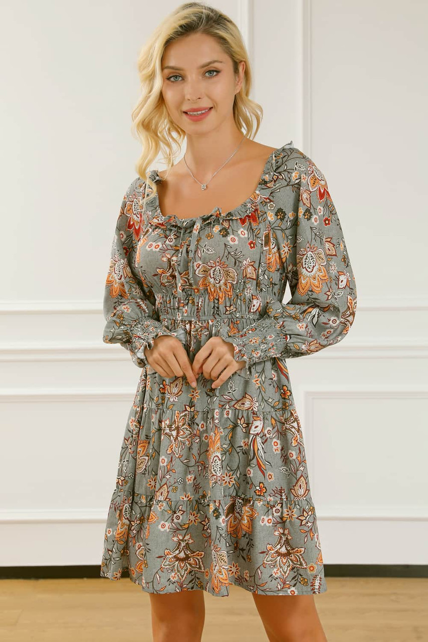 Multicolour Floral Long Sleeve Frilled U-Neck Ruffled Dress