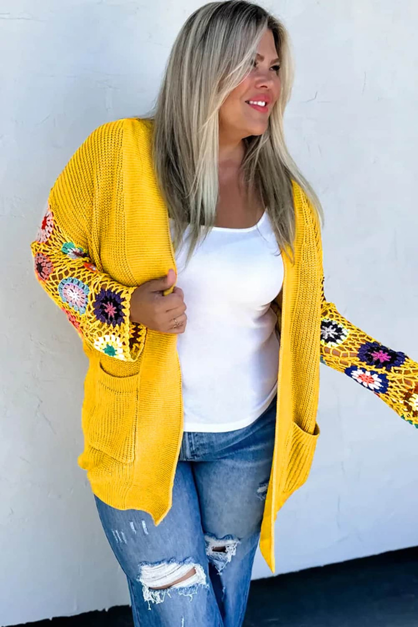 Ginger Plus Size Floral Crochet Sleeve Open Front Cardigan