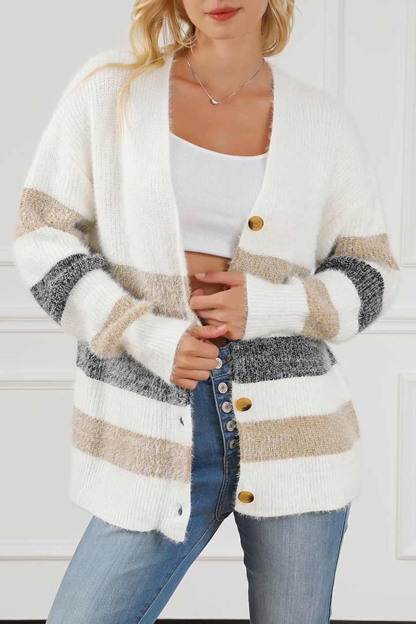 Multicolor Striped Print Fuzzy Cardigan