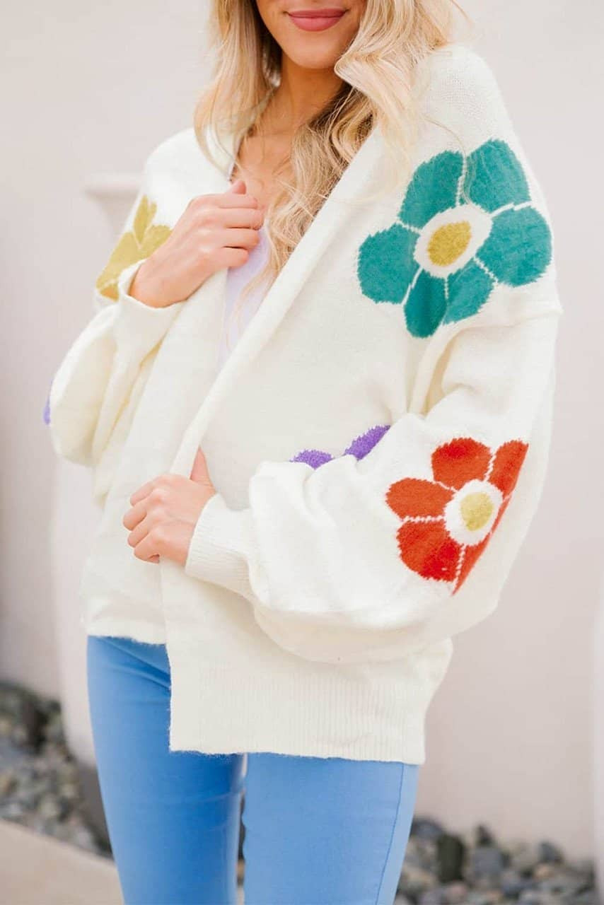 White Flower Jacquared Bubble Sleeve Open Cardigan White Flower Jacquared Bubble Sleeve Open Cardigan