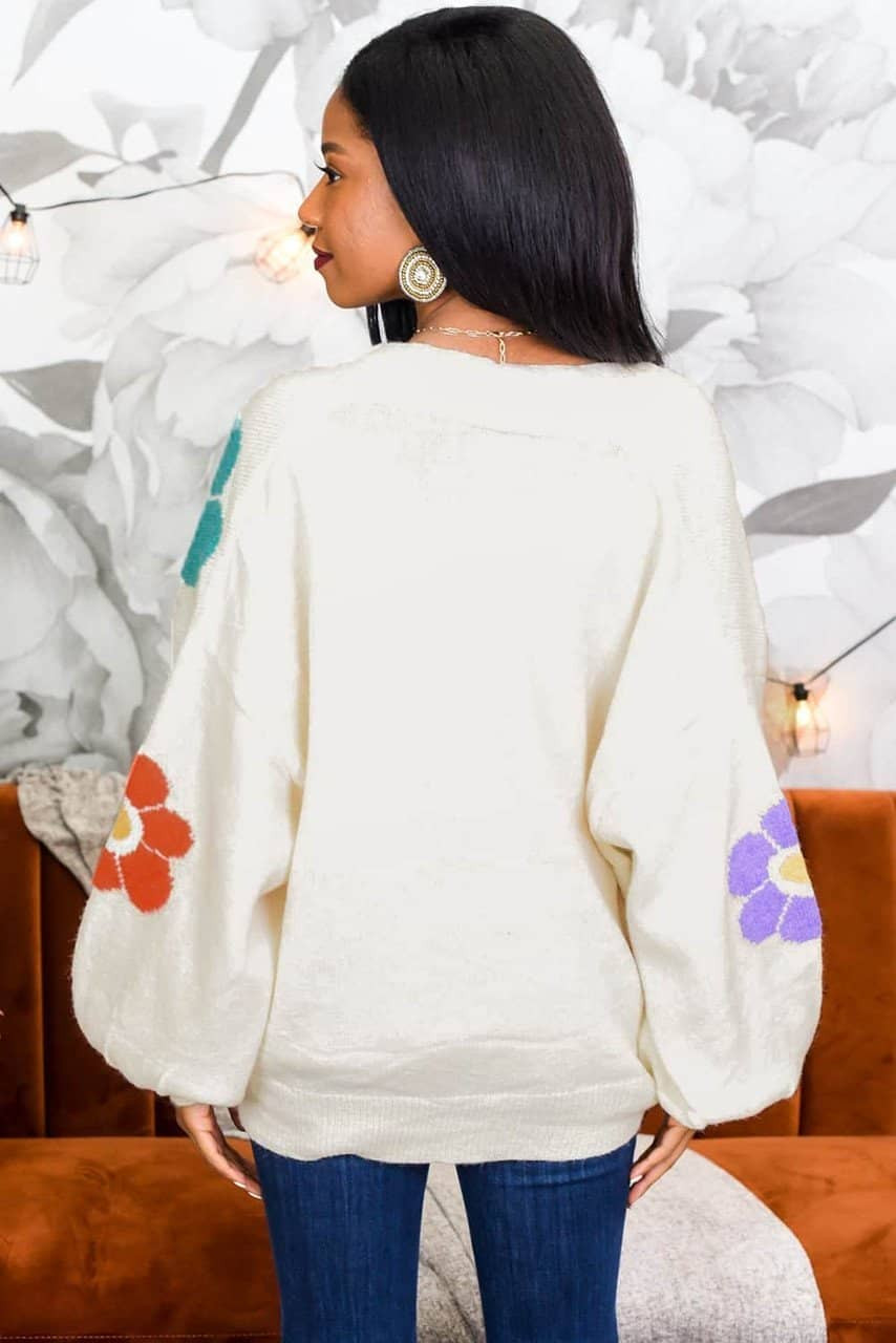White Flower Jacquared Bubble Sleeve Open Cardigan White Flower Jacquared Bubble Sleeve Open Cardigan