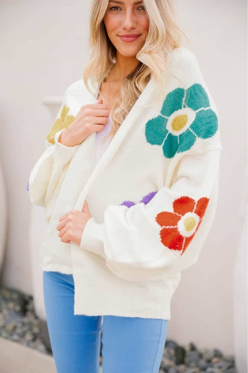 White Flower Jacquared Bubble Sleeve Open Cardigan White Flower Jacquared Bubble Sleeve Open Cardigan